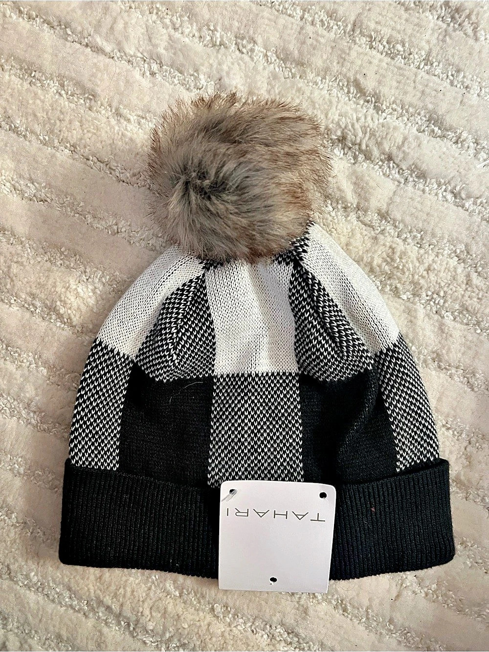 Tahara Color Block Pom Beanie in Black & White NWT